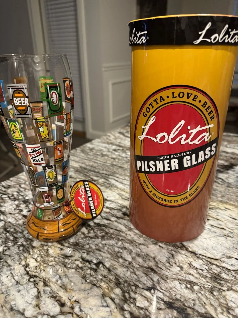 Lolita Yellow & Red Hand-Painted Pilsner Glass with Beer Motif